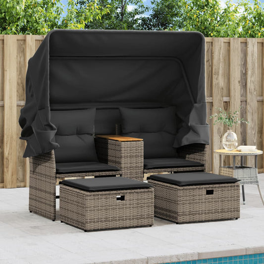 Grey NNEVL outdoor garden sofa 2-seater with canopy and matching stools, made of durable poly rattan, perfect for outdoor seating.