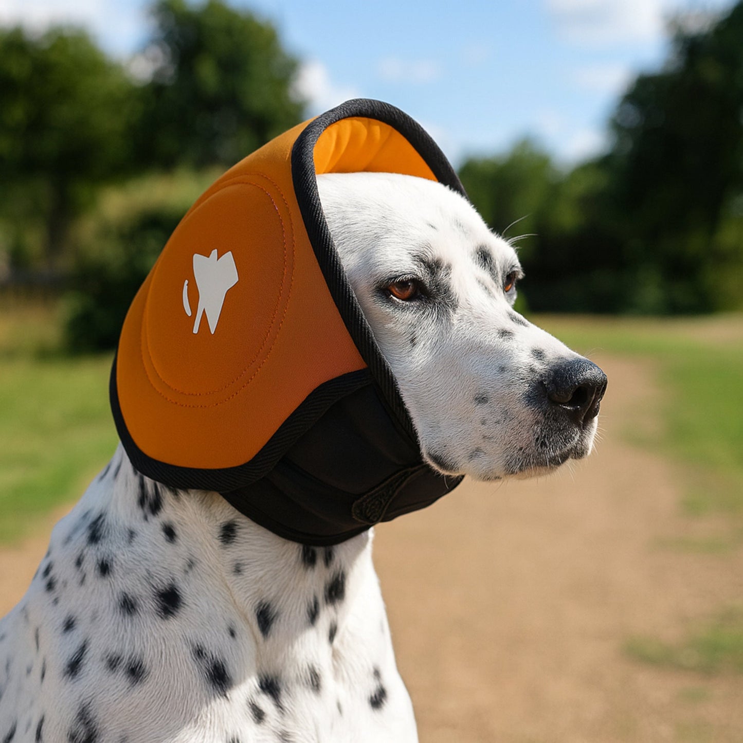 Dog wearing Cashymart calming hood designed to reduce anxiety and stress in pets, with soft fabric and secure fit.