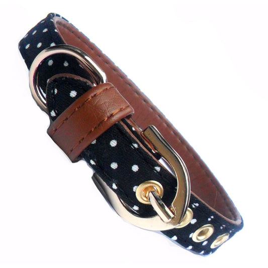 Polka dot fabric dog collar with faux leather accents from Prince&Princess, adjustable for a comfortable fit for small to medium dogs.