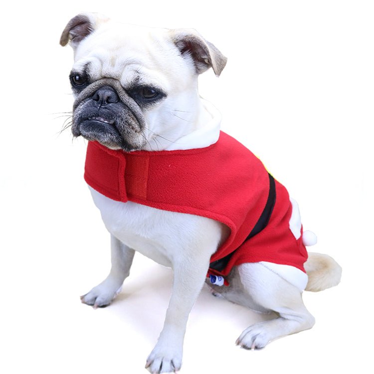 Shiny velvet Christmas coat for pets in red with white trim, designed by Cashymart for festive holiday style.