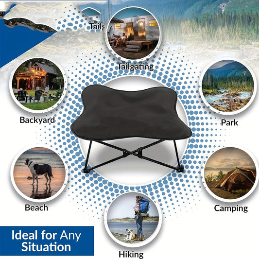 Foldable elevated NNETM portable dog bed with raised design, suitable for indoor and outdoor use, providing comfort for pets.