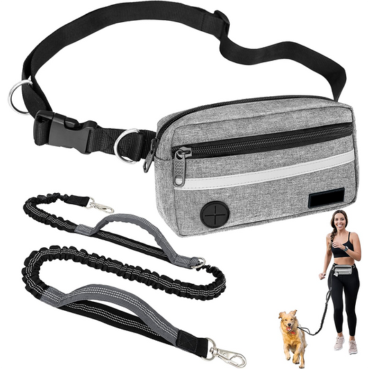 A gray and black dog waist bag with an adjustable strap, shown with a matching leash. A small inset photo in the bottom right shows a woman and a dog wearing the bag in use.