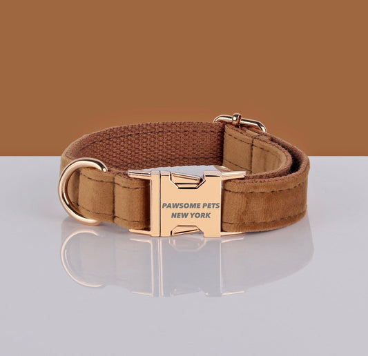 Pawsomepetsnewyork camel-colored velvet dog and cat collar with adjustable strap and metal buckle, displayed on a neutral background.