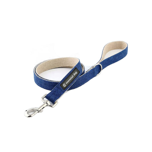 Organic hemp and cotton dog lead in ink blue from Essential Dog, showcasing the durable, natural material and sturdy clasp.