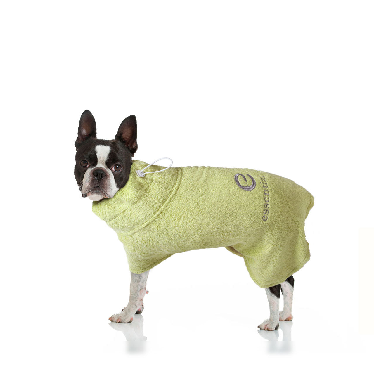 Essential Dog organic bamboo dog bathrobe in XS to XL, soft wash fabric for gentle drying and comfort after baths.