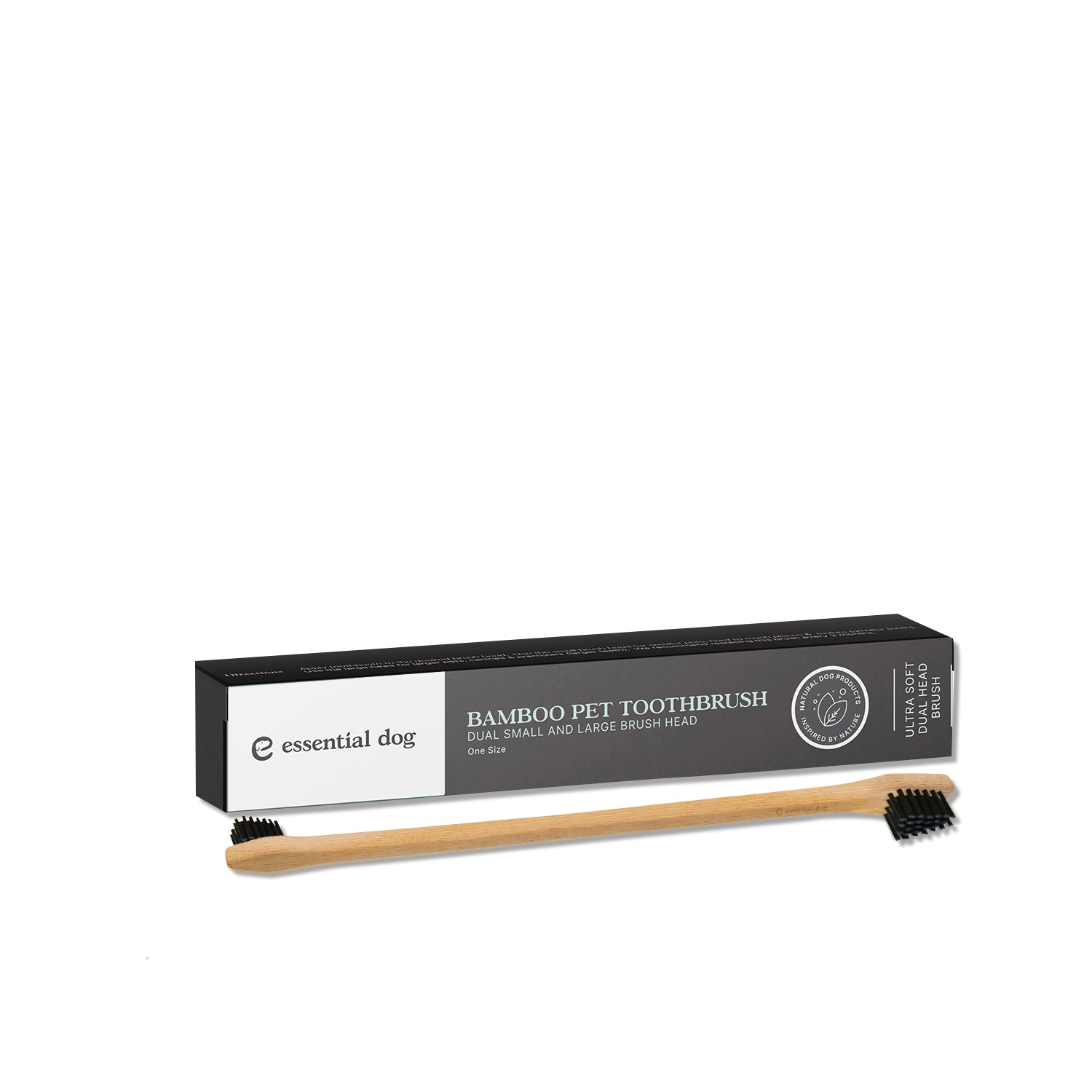 Double-sided bamboo dog toothbrush from Essential Dog, designed for effective cleaning of dogs' teeth and gums.