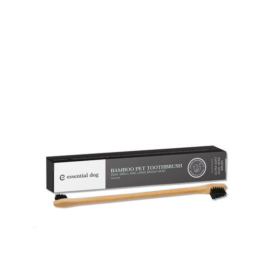 Double-sided bamboo dog toothbrush from Essential Dog, designed for effective cleaning of dogs' teeth and gums.