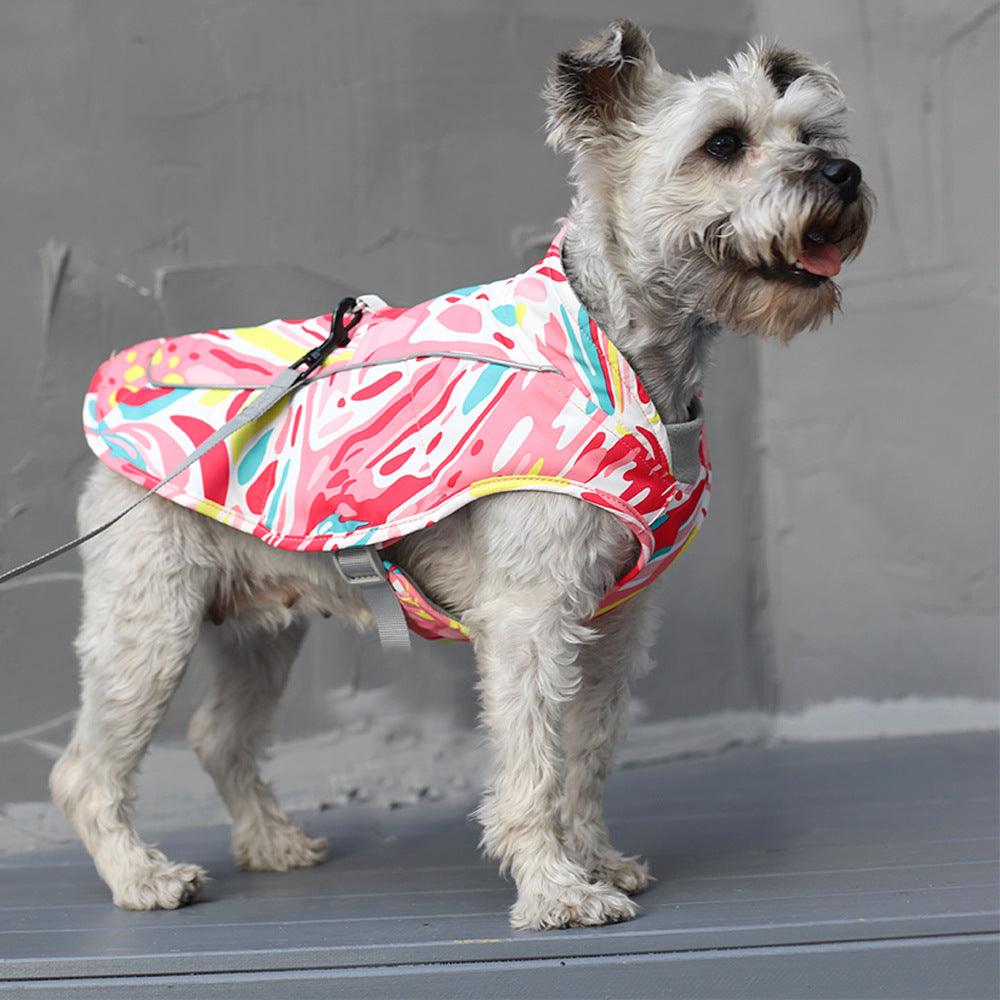 Reflective waterproof dog jacket with stylish print design from Dog Hugs Cat, suitable for outdoor walks in rain and low light.