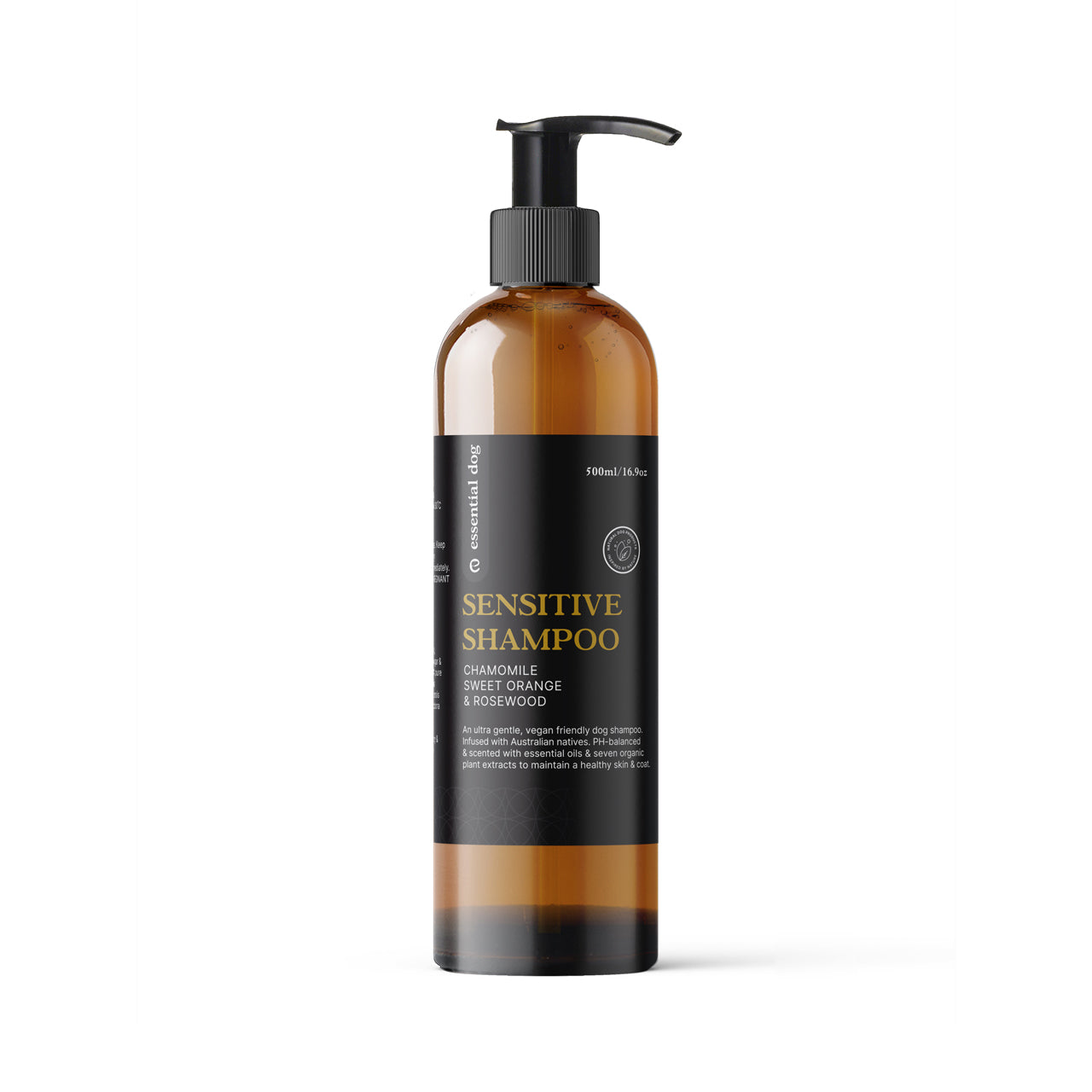 Essential Dog Sensitive Dog Shampoo with chamomile, sweet orange, and rosewood for gentle pet cleansing.