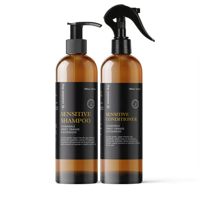 Essential Dog Sensitive Dog Shampoo with chamomile, sweet orange, and rosewood, showing the gentle wash bottle and natural ingredients.