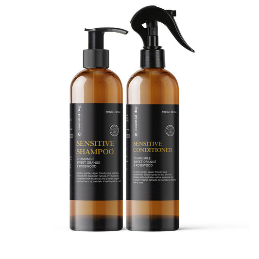 Essential Dog Sensitive Dog Shampoo with chamomile, sweet orange, and rosewood, showing the gentle wash bottle and natural ingredients.