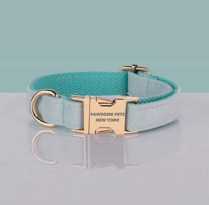 Light green velvet dog and cat collar from Pawsomepetsnewyork featuring a soft, stylish design for pets.