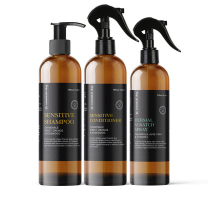 Essential Dog Sensitive Dog Shampoo with chamomile, sweet orange, and rosewood, showing the gentle wash bottle.