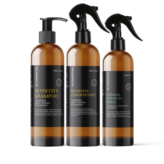 Essential Dog Sensitive Dog Shampoo with chamomile, sweet orange, and rosewood, showing the gentle wash bottle.