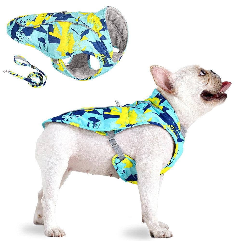 Reflective waterproof dog jacket with stylish print design from Dog Hugs Cat, featuring bright colors and adjustable fit for outdoor walks.