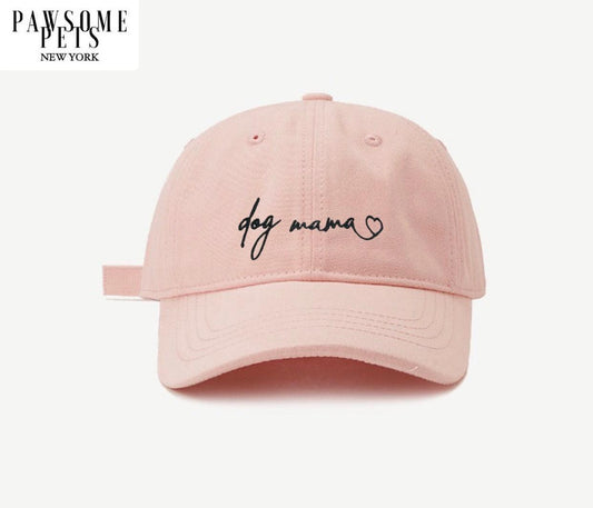 Pink dog mom cap by Pawsomepetsnewyork with a curved brim and embroidered dog motif, casual accessory for pet lovers.