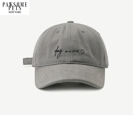 Gray Dog Mom hat by Pawsomepetsnewyork featuring a casual, stylish design with a curved brim and embroidered dog motif.