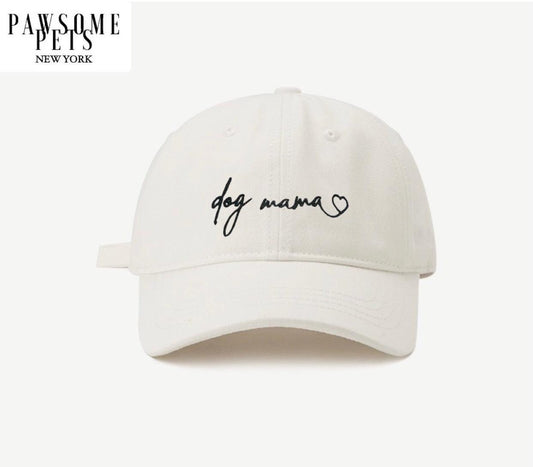White dog mom hat by Pawsomepetsnewyork featuring a casual brim and comfortable fit, perfect for dog lovers.