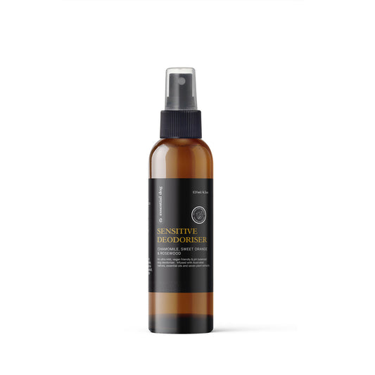 Essential Dog Sensitive Dog Deodoriser wash with chamomile, sweet orange, and rosewood for freshening and deodorizing dogs.
