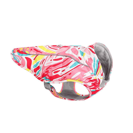 Reflective waterproof dog jacket with stylish print from Dog Hugs Cat, featuring a vibrant pattern and adjustable fit for outdoor walks.