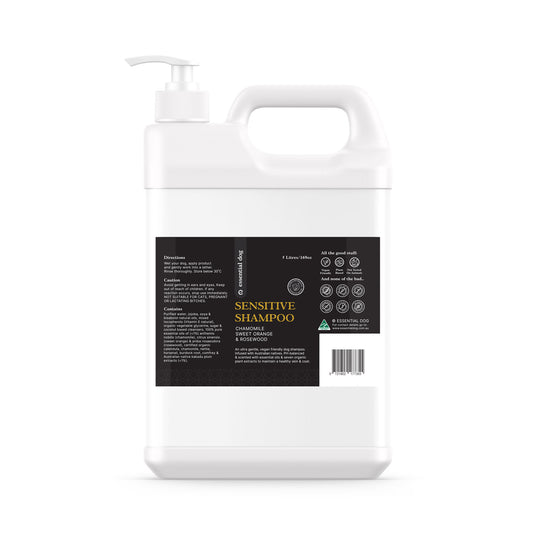 Essential Dog 5 Litre Bulk Sensitive Dog Shampoo bottle, gentle wash for sensitive skin, with a clear label and pump dispenser.