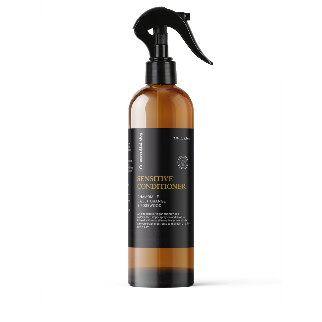 Essential Dog Sensitive Dog Conditioner with chamomile, sweet orange, and rosewood, showing a bottle of gentle dog wash.