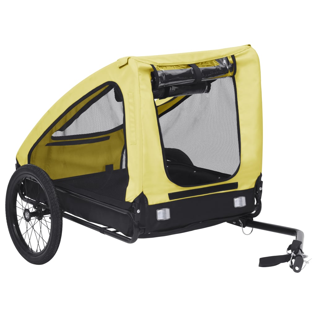 Yellow and black NNEVL pet trailer attached to a stroller, designed for transporting pets comfortably outdoors.