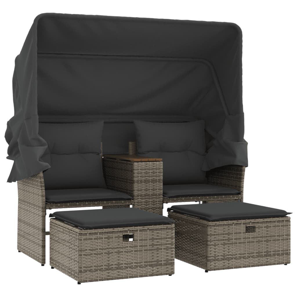 Grey NNEVL outdoor garden sofa 2-seater with canopy and matching stools made of durable poly rattan, perfect for outdoor lounging.
