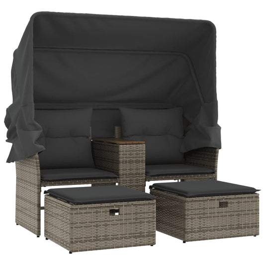 Grey NNEVL outdoor garden sofa 2-seater with canopy and matching stools made of durable poly rattan, perfect for outdoor lounging.