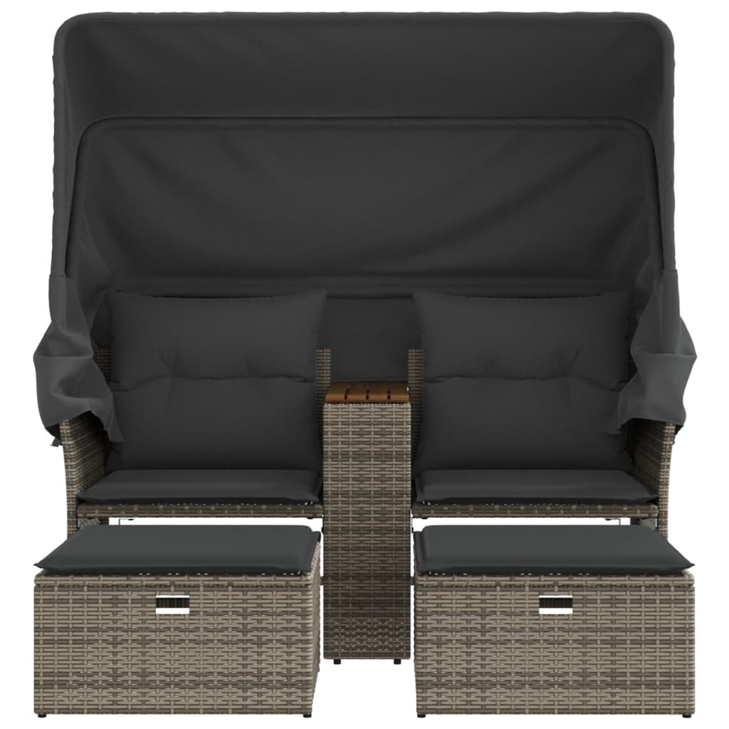 NNEVL grey poly rattan garden sofa set with canopy and two stools, outdoor 2-seater for patio or garden relaxation.