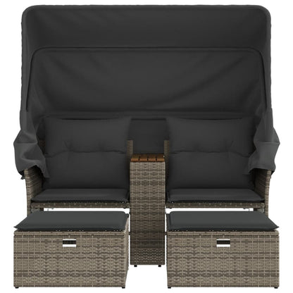 NNEVL grey poly rattan garden sofa set with canopy and two stools, outdoor 2-seater for patio or garden relaxation.