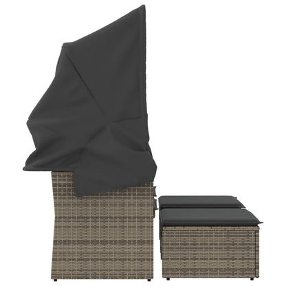 Grey NNEVL outdoor garden sofa 2-seater with canopy and matching stools, made of durable poly rattan for outdoor seating.
