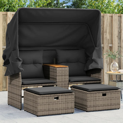 Gray NNEVL outdoor garden sofa 2-seater with canopy and matching stools made of durable poly rattan.