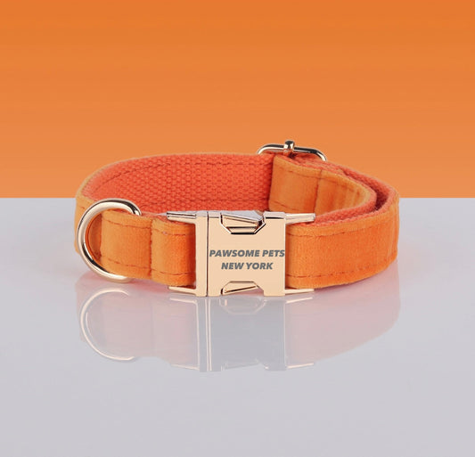 Orange velvet dog and cat collar from Pawsomepetsnewyork, soft and stylish pet accessory with a secure buckle.