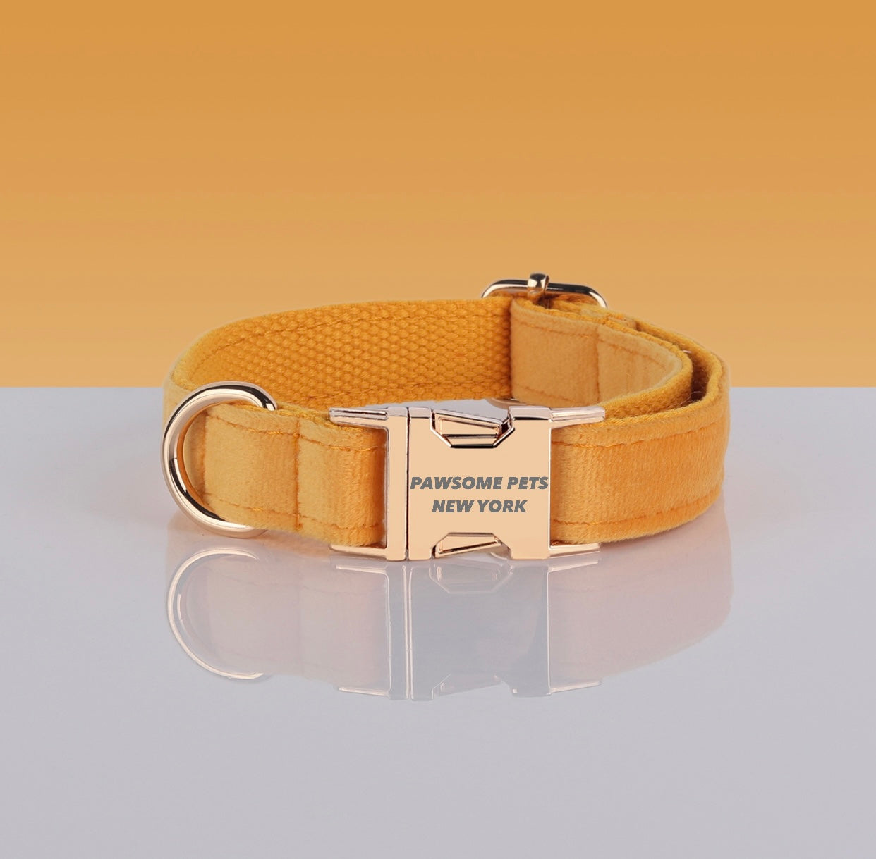 Pawsome Pets mustard yellow velvet dog and cat collar with adjustable buckle, stylish pet accessory from Pawsomepetsnewyork.