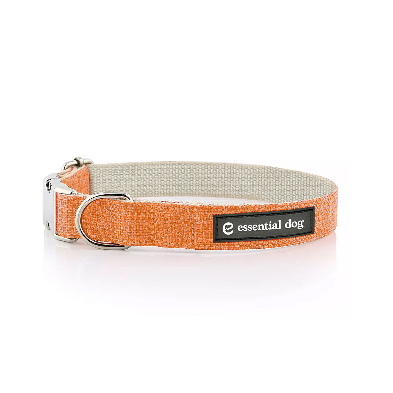 Organic hemp and cotton dog collar in orange burst color from Essential Dog, showing a close-up of the stylish pet accessory.