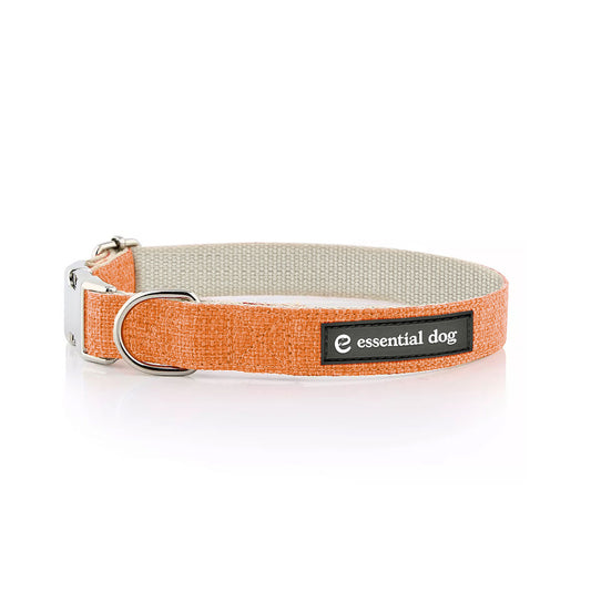 Organic hemp and cotton dog collar in orange burst color from Essential Dog, showing a close-up of the stylish pet accessory.