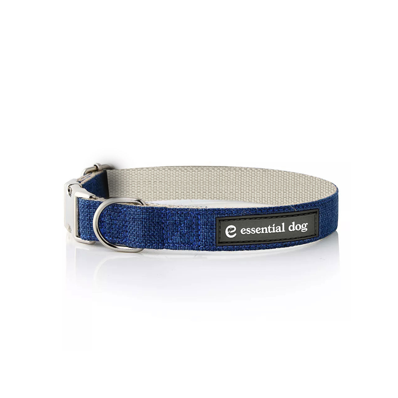 Organic hemp and cotton dog collar in ink blue from Essential Dog, showing a close-up of the durable, eco-friendly pet accessory.