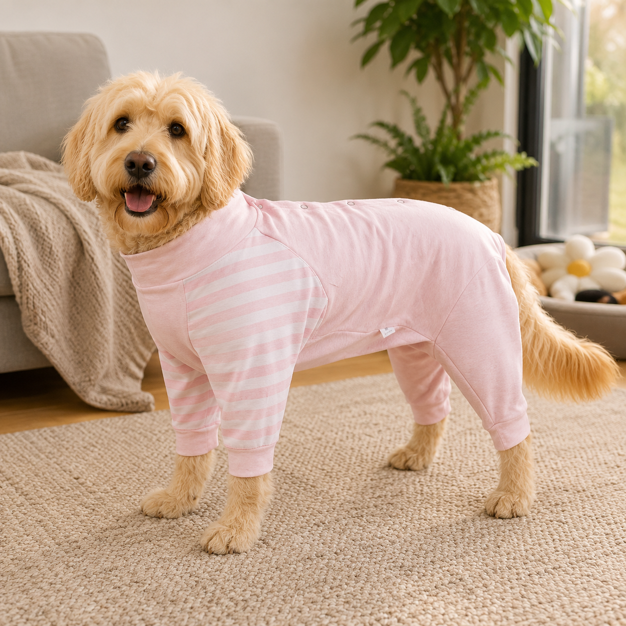Dog recovery pajamas from Pawsome Pet Store, calming post-surgery suit for dogs, featuring soft fabric and adjustable fit.