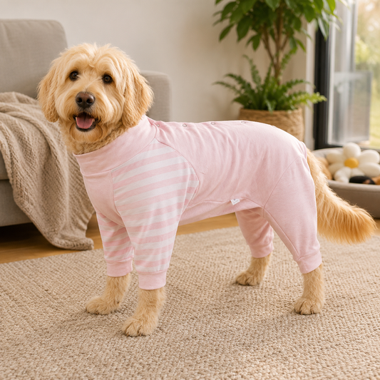 Dog recovery pajamas from Pawsome Pet Store, calming post-surgery suit for dogs, featuring soft fabric and adjustable fit.