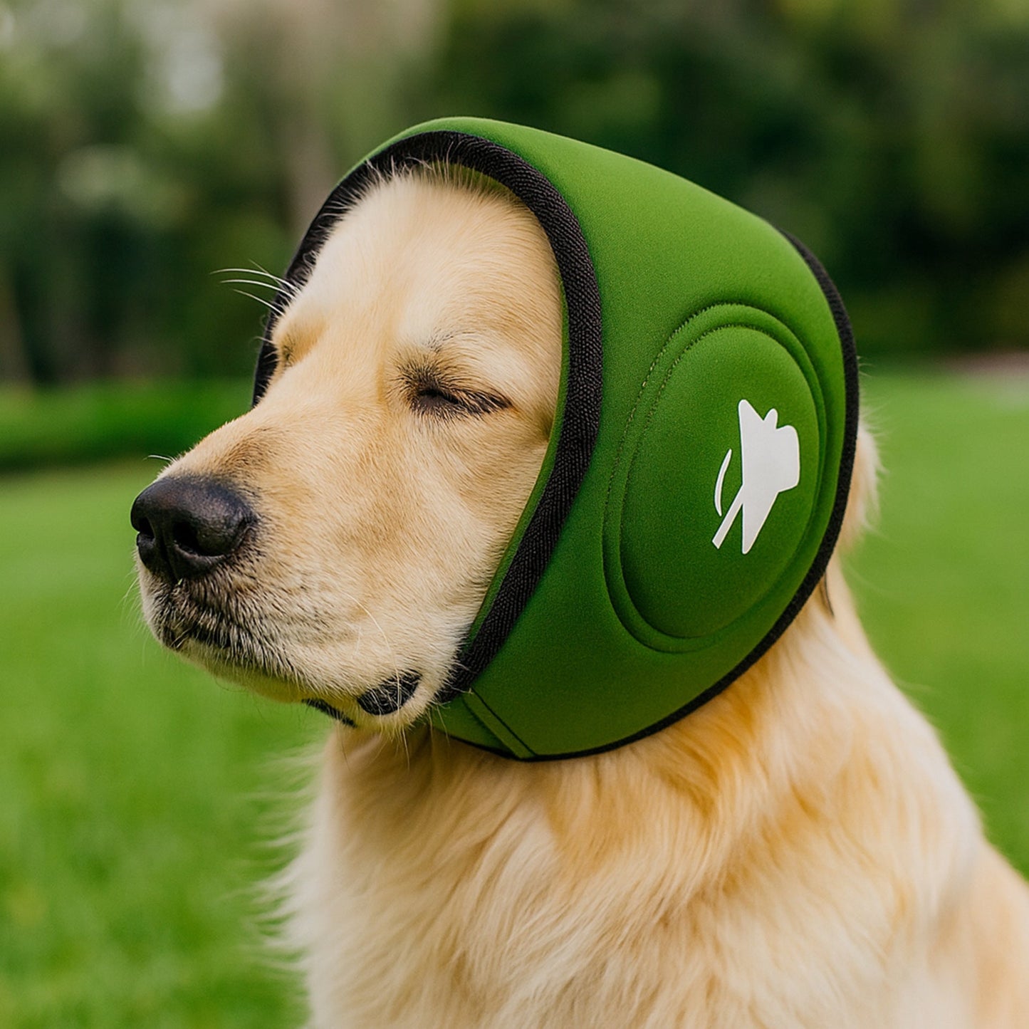 Dog wearing a calming hood from Cashymart, designed to soothe and reduce anxiety in pets, shown in a close-up image.