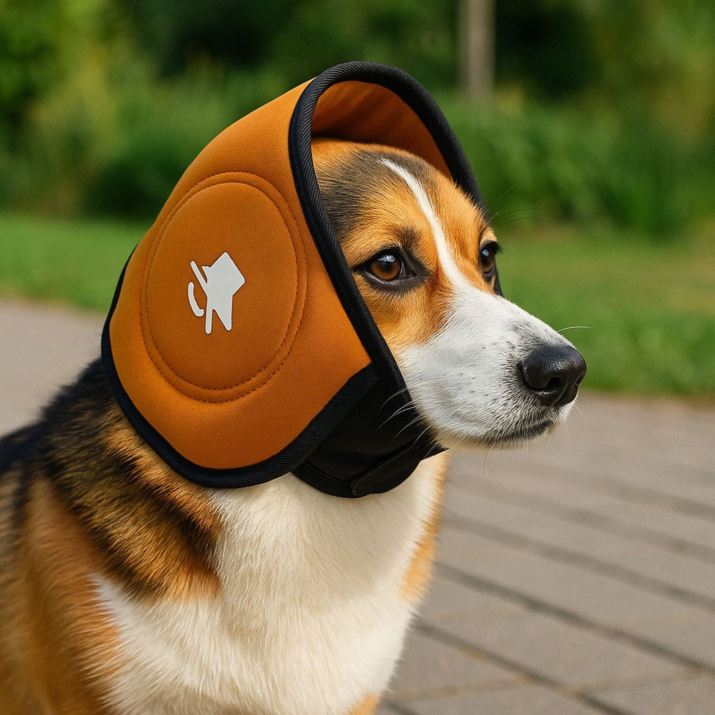 Dog calming hood by Cashymart shown on a dog, made of soft fabric, designed to help reduce anxiety and stress.