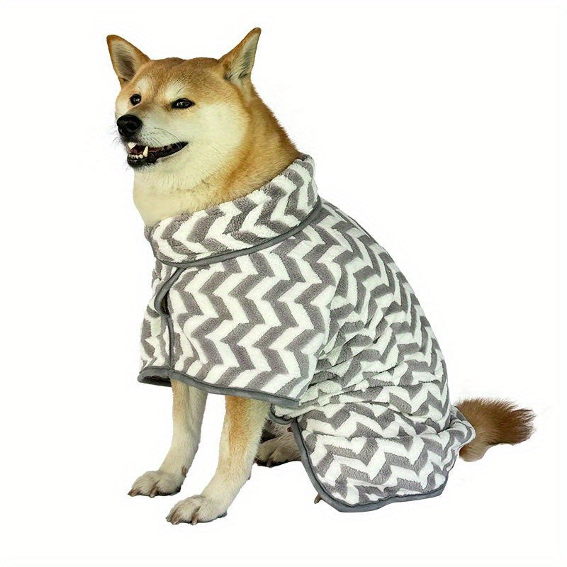 Super absorbent microfibre dog drying robe from Pawsome Pet Store, shown on a small dog for quick, comfortable drying.