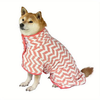 Super absorbent microfibre dog drying robe from Pawsome Pet Store, shown on a medium-sized dog after a bath.
