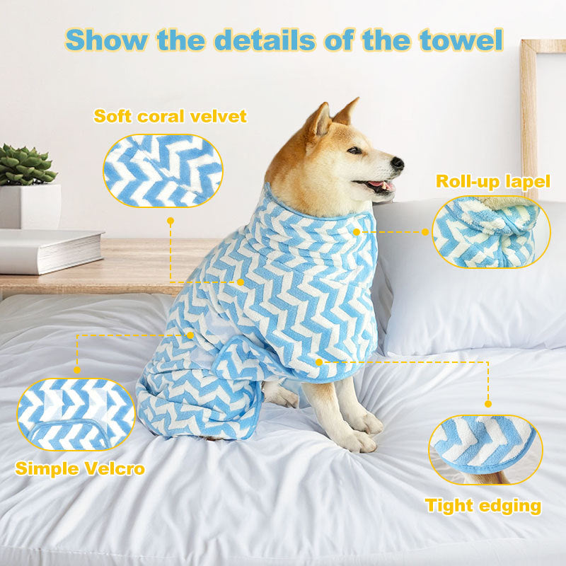 Absorbent microfibre dog drying robe with a hood, designed to dry and keep a dog warm after baths or outdoor activities.