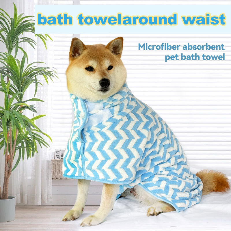 Super absorbent microfibre dog drying robe from Pawsome Pet Store, shown draped on a small dog for quick, comfortable drying.