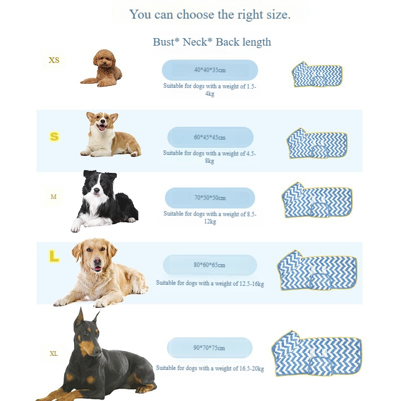 Dog drying robe in various sizes, made of super absorbent microfibre, designed by Pawsome Pet Store for quick, easy pet drying.