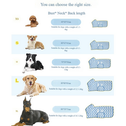 Dog drying robe in various sizes, made of super absorbent microfibre, designed by Pawsome Pet Store for quick, easy pet drying.