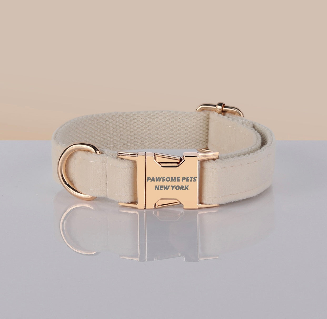 Beige velvet dog and cat collar from Pawsome Pets, featuring a soft, stylish design with a secure buckle and adjustable fit.