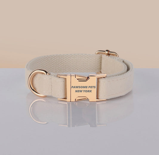 Beige velvet dog and cat collar from Pawsome Pets, featuring a soft, stylish design with a secure buckle and adjustable fit.
